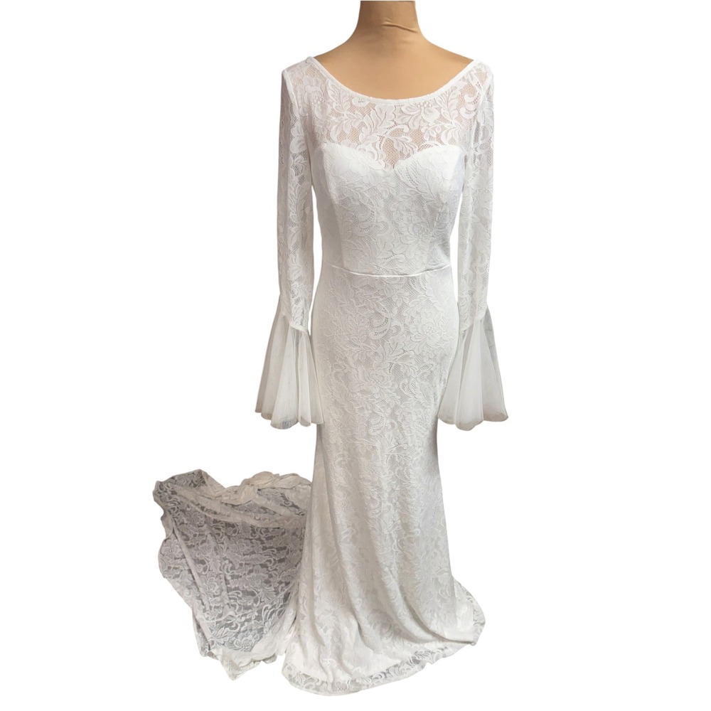 Ever-Pretty White Lace Mermaid Wedding Dress Bell Sleeve  Size 10